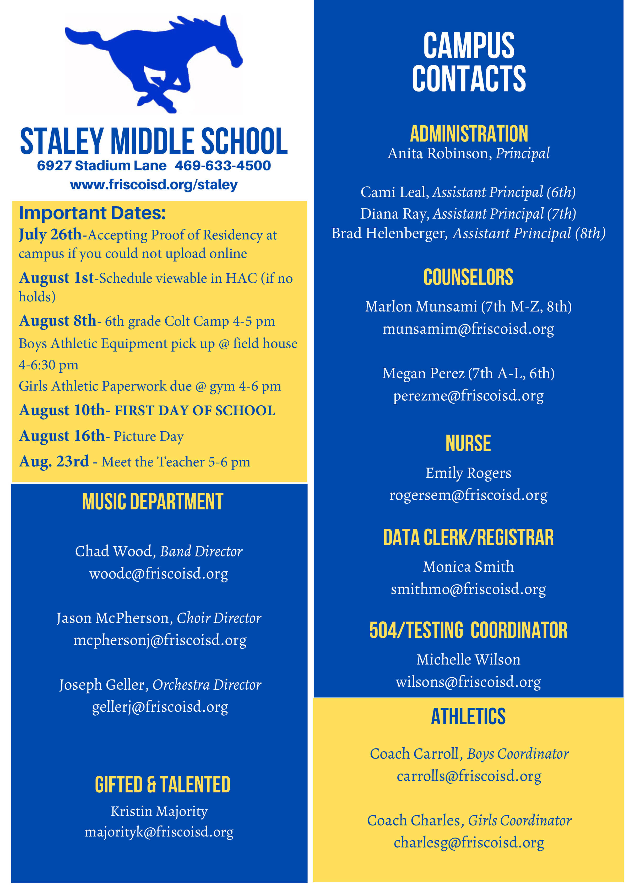 Staley Important Dates & Contacts for the 2022-2023 School Year