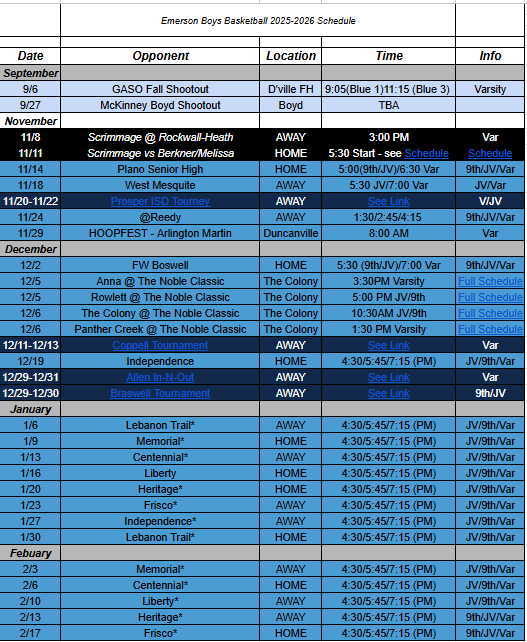 Basket Ball Schedule